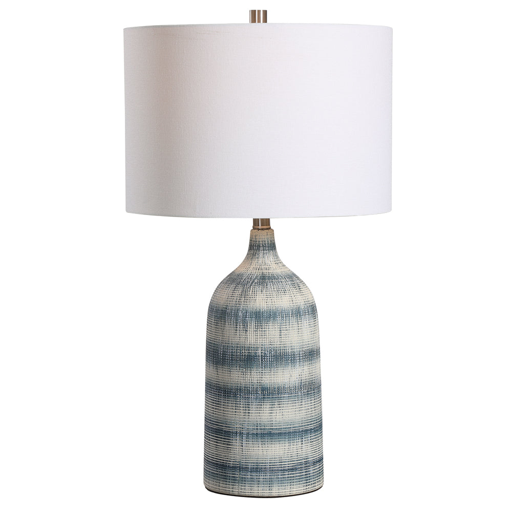 Home Decor Textured Ceramic Table Lamp With A Mixture Of Blue And White Asymmetrical Stripes