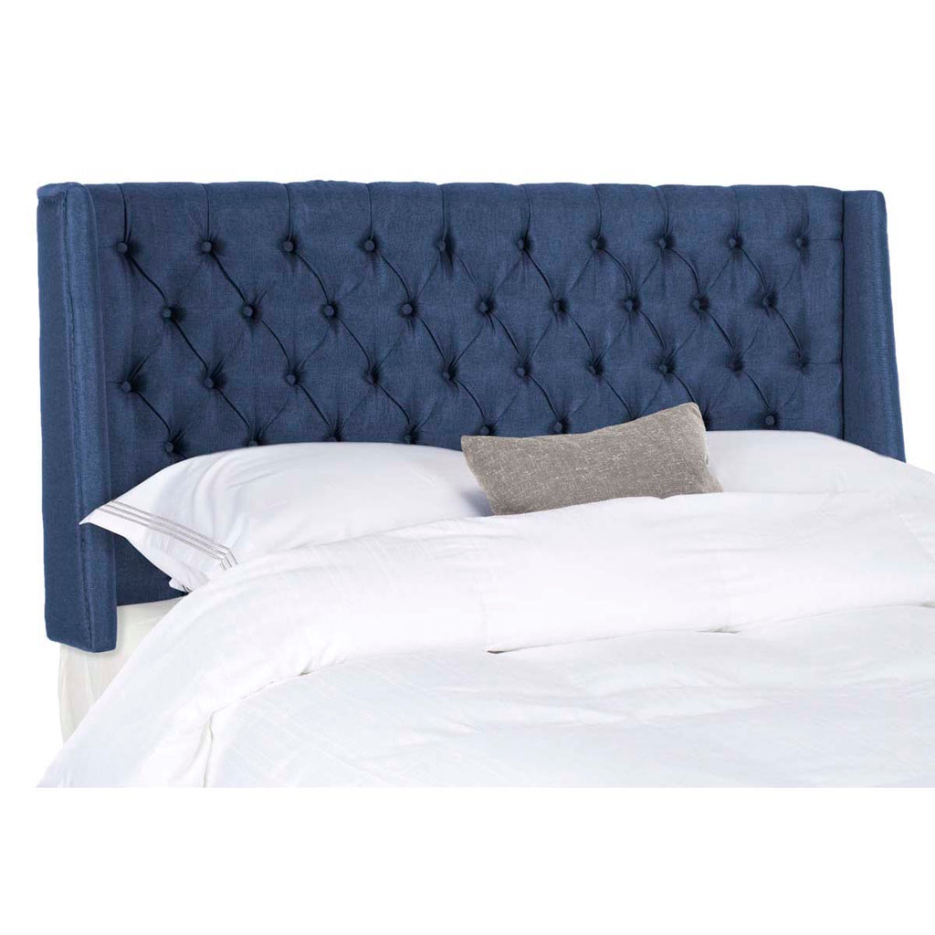 Safavieh London Navy Linen Tufted Winged Headboard - Flat Nail Heads - Navy