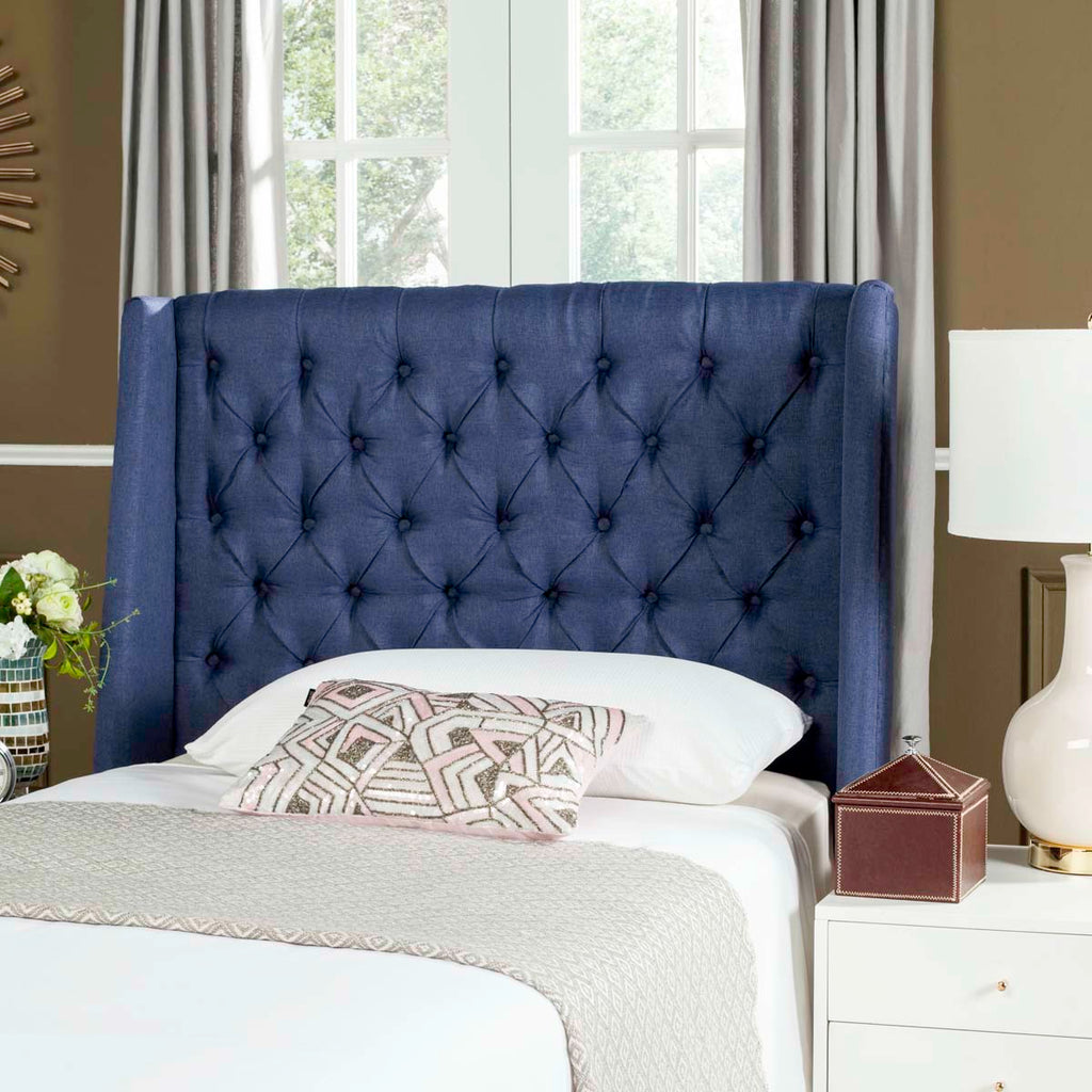 Safavieh London Navy Linen Tufted Winged Headboard - Flat Nail Heads - Navy