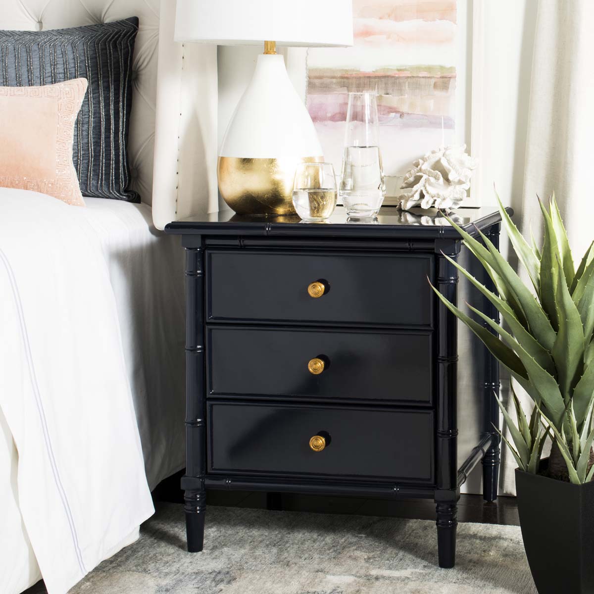 safavieh mina modern coastal dresser SAFAVIEH Mina Modern Coastal 2-Drawer 25" H Bamboo Nightstand Navy