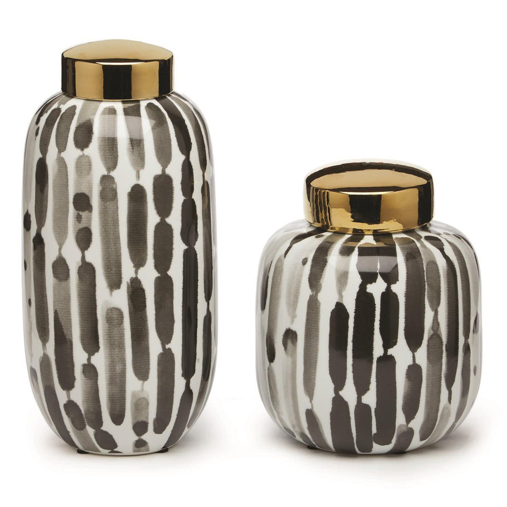 Two's Company Brush Strokes Black and White Covered Jars with Gold Metallic Lid - Hand-Painted Porcelain (set of 2)
