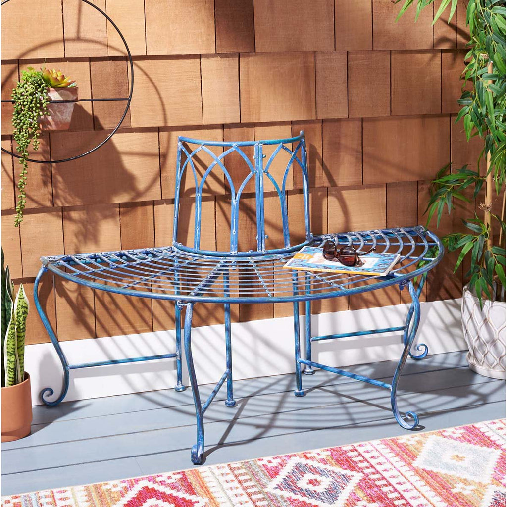 Safavieh Abia Wrought Iron 50-Inch W Outdoor Tree Bench - Antique Blue