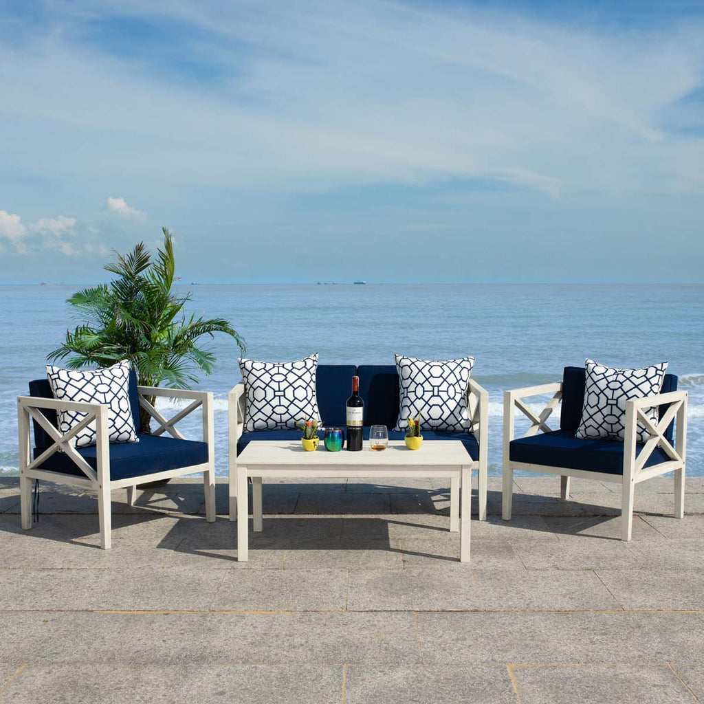 Safavieh Nunzio 4 Pc Outdoor Set With Accent Pillows - White / Navy
