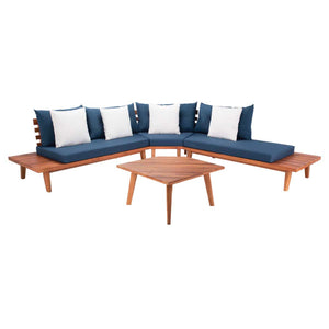 Safavieh Lansen 4 Pc Corner Living Set - Teak/Navy Cushion/Beige