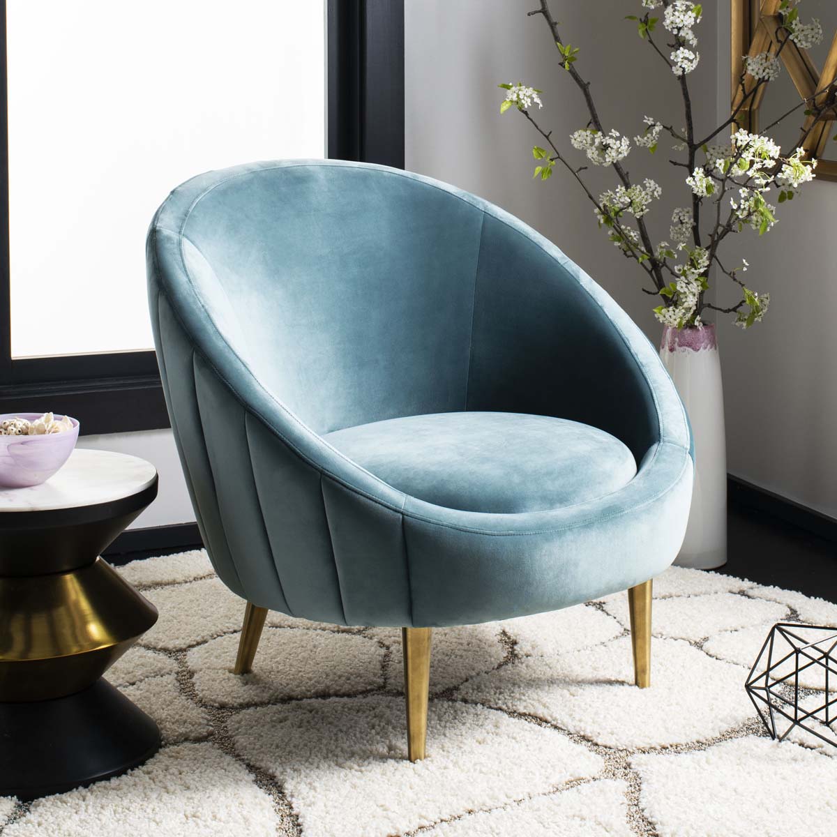 Razia Pale Blue Tub Chair Taupe Velvet Barrel Chair Designer