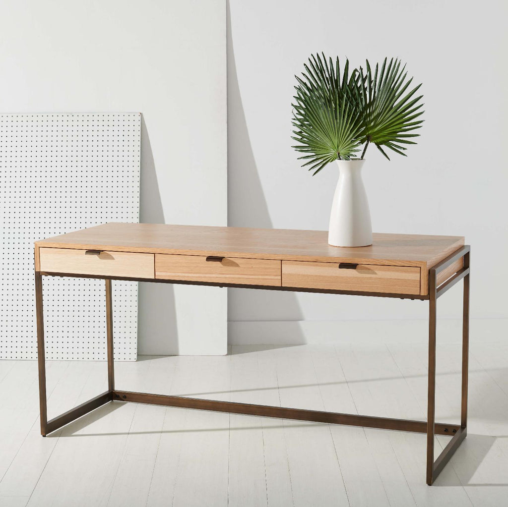 Safavieh Couture Genevieve 3-Drawer Writing Desk - Walnut / Antique Brass