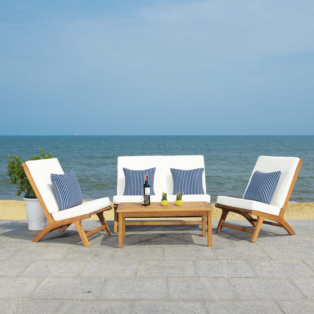 Safavieh Chaston 4 Pc Outdoor Living Set With Accent Pillows - Natural/Beige/ Navy Striped