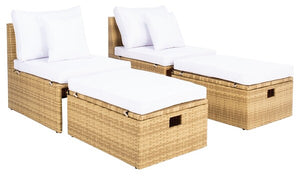 Safavieh Pramla Outdoor Settee With Ottoman - Natural / White (Set of 2)