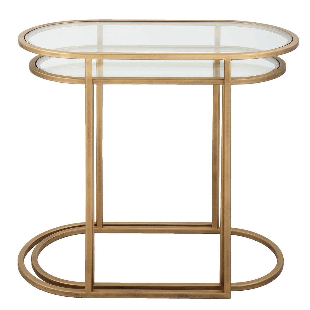 Home Decor Burshed Brass Accent Table - S/2